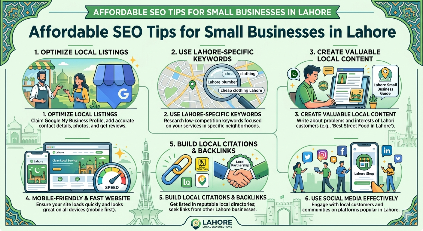 Professional desktop setup featuring analytics data and a stylized Lahore skyline overlay for local small business SEO tips.