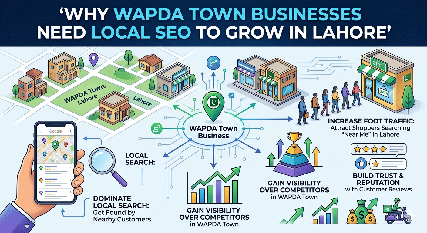 Local SEO services in Lahore for Wapda Town businesses with map and search visibility concept