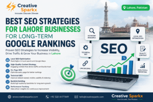 Best SEO Strategies for Lahore Businesses banner by Creative Sparkx showing SEO services, keyword research, local SEO optimization, technical SEO, and Google ranking growth in Lahore, Pakistan.