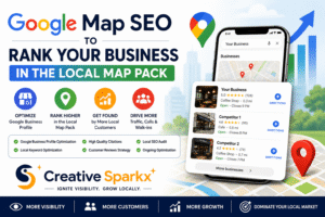 Google Map SEO banner by Creative Sparkx showing local map pack ranking strategy, Google Business Profile optimization, local SEO growth, higher map rankings, customer traffic increase, and mobile map search interface for local businesses.