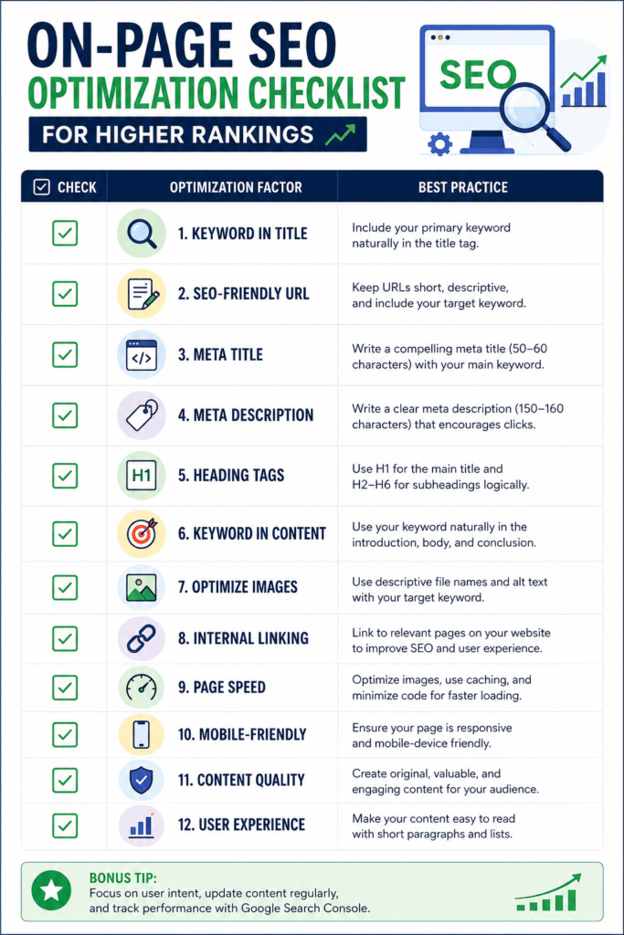 On-Page SEO Optimization Checklist for Higher Rankings including title tags, meta descriptions, heading tags, internal linking, image optimization, and keyword placement.
